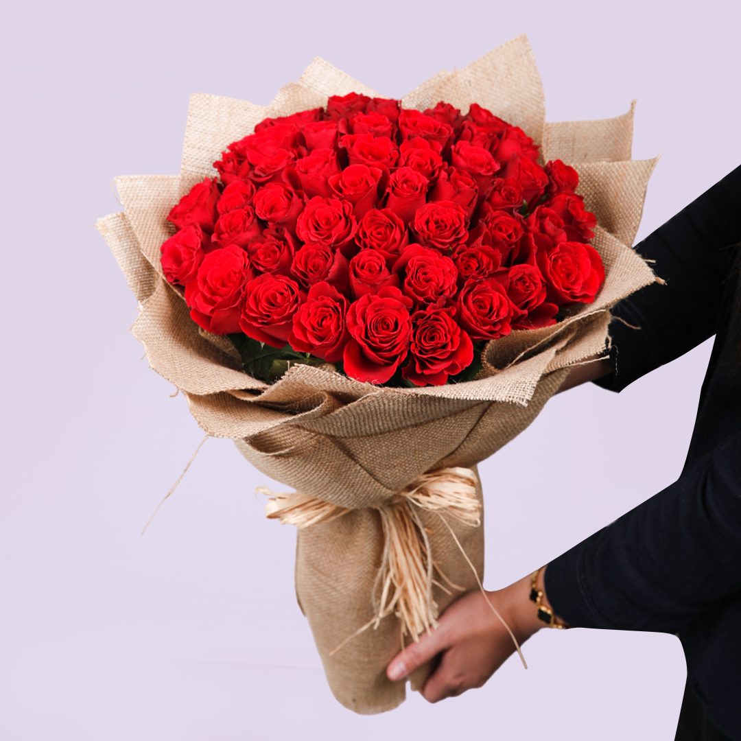 50 Red Roses in a Jute Roll