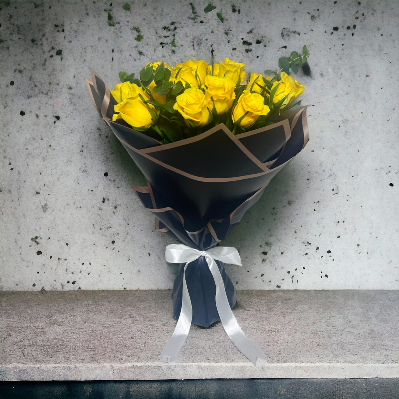 Timeless Yellow Arrangement, Sunny Yellow Roses, Eucalyptus, Black Wrapping, White Ribbon