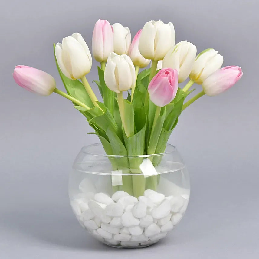 Pink and White Tulips in Fish Bowl