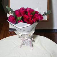 Hot Pink Dream, Hot Pink Roses, Eucalyptus, White Wrapping, Pink Ribbon