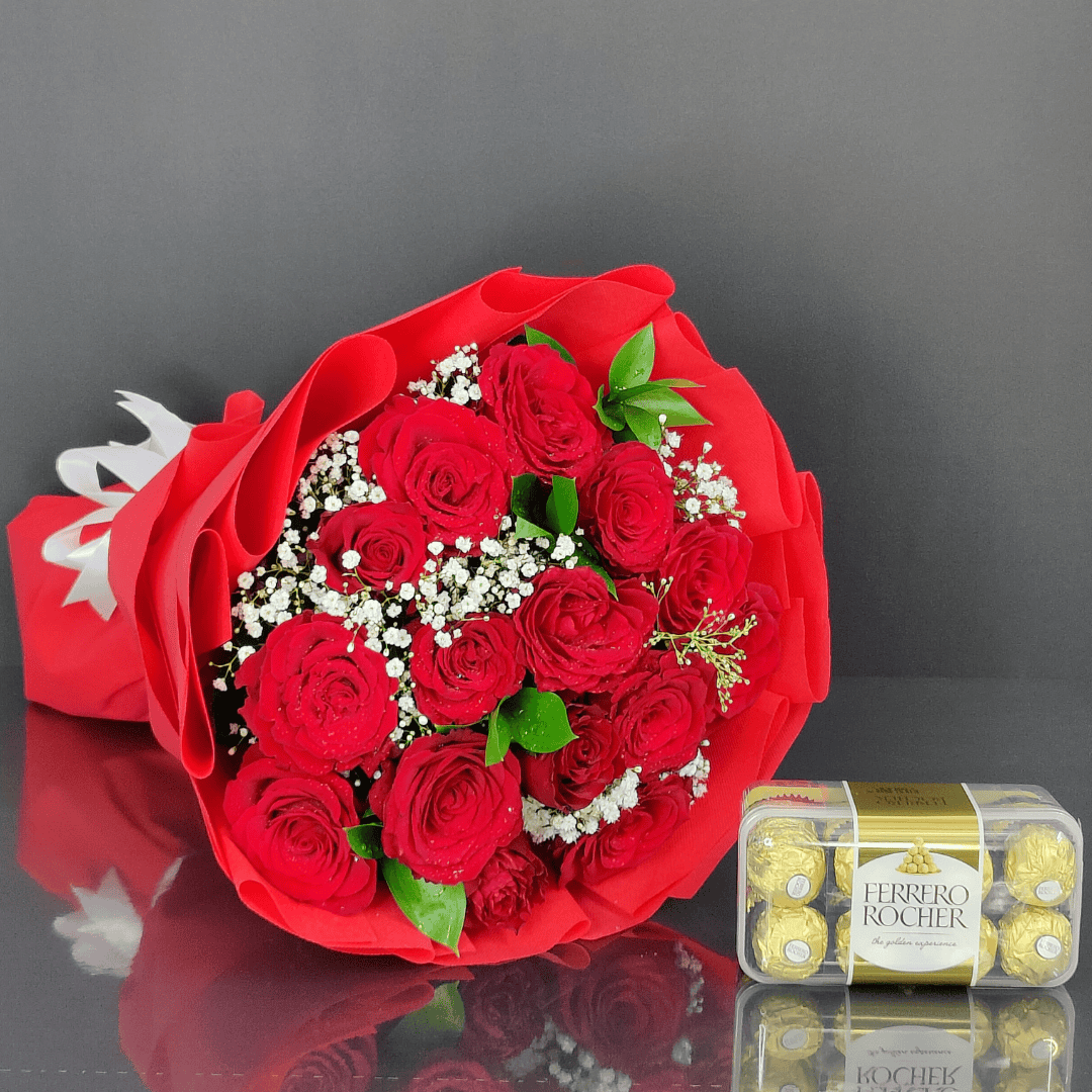 15 Red Roses Bouquet with Red Wrapping