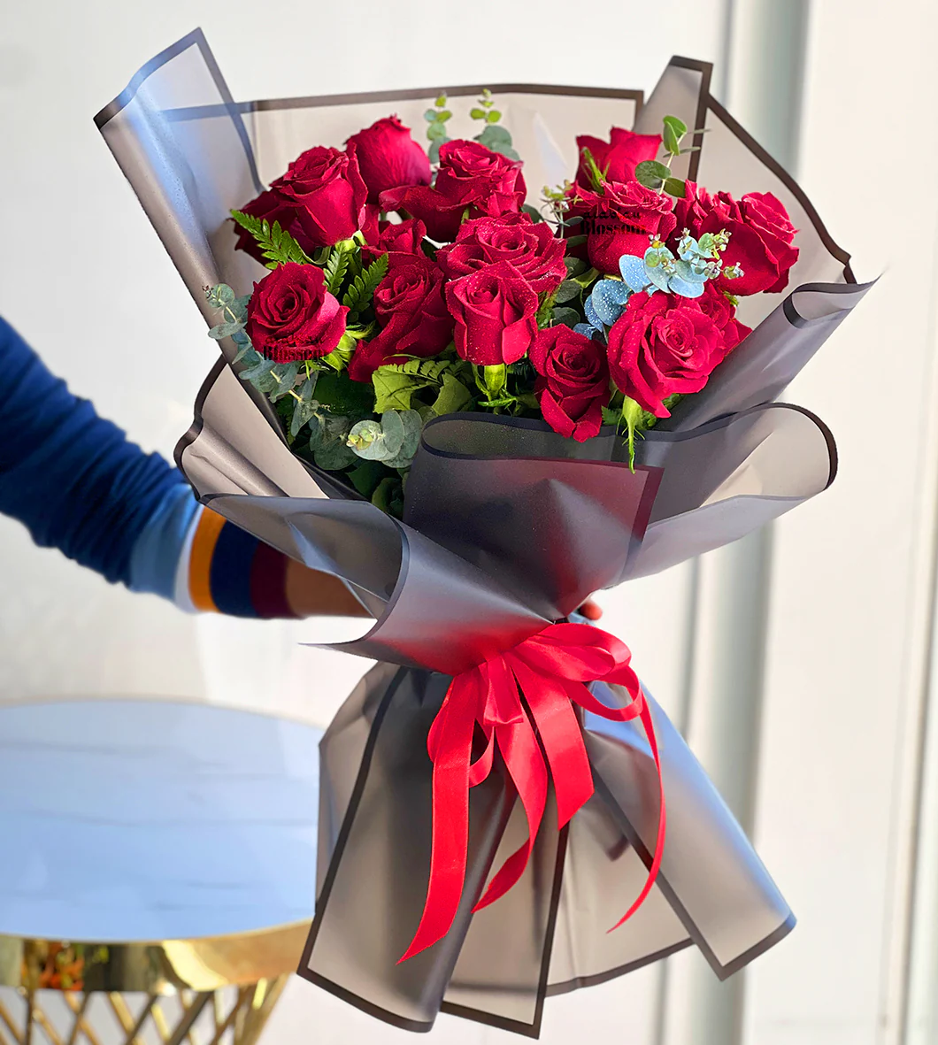 15 Red Roses Bouquet with Eucalyptus Fillers