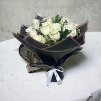 Elegant White Rose Bouquet, White Roses, Limonium, Ruscus, Black Wrapping