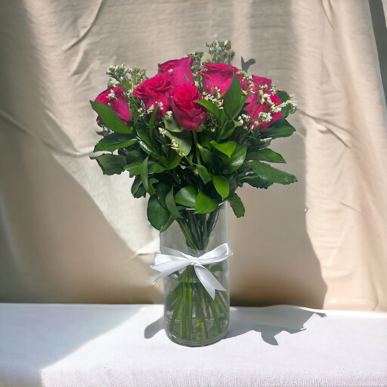 Blushing Romance Bouquet, Classic Arrangement, 12 Roses, Limonium, Ruscus, Elegant Cylinder Vase