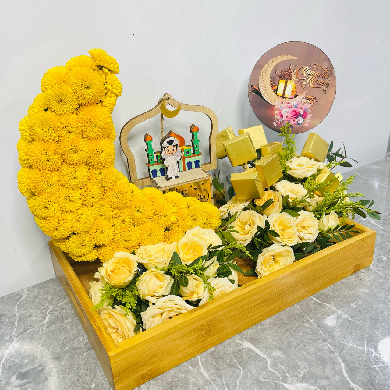 Title: Elegant Ramadan Yellow Crescent Gift Tray