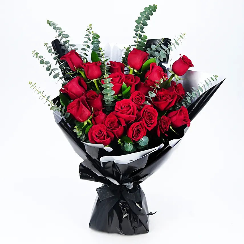 Bouquet of 24 Red Roses with Eucalyptus