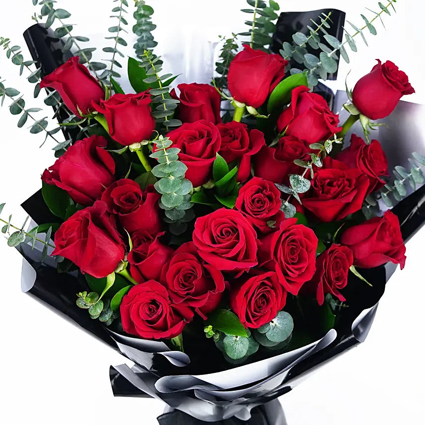 Bouquet of 24 Red Roses with Eucalyptus