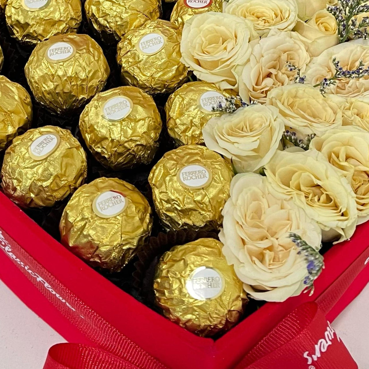 Roses and Ferrero in Red Heart Box