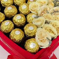 Roses and Ferrero in Red Heart Box