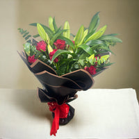 Timeless Mixed Arrangement, White Lilies, Red Roses, Eucalyptus, Black Wrapping