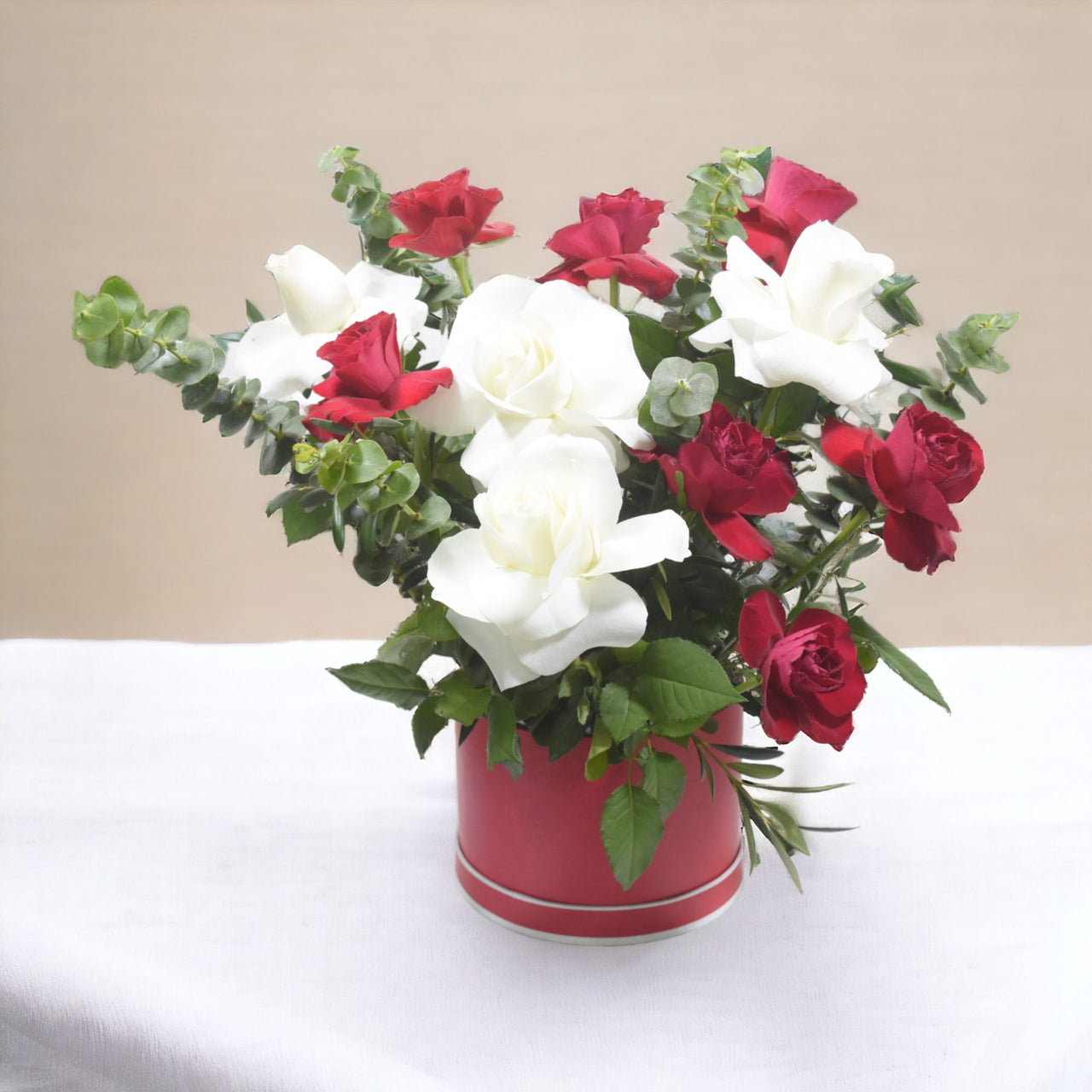 Chic Red & White Roses, Box Arrangement, Hand Reflex Roses, Eucalyptus