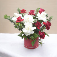 Chic Red & White Roses, Box Arrangement, Hand Reflex Roses, Eucalyptus