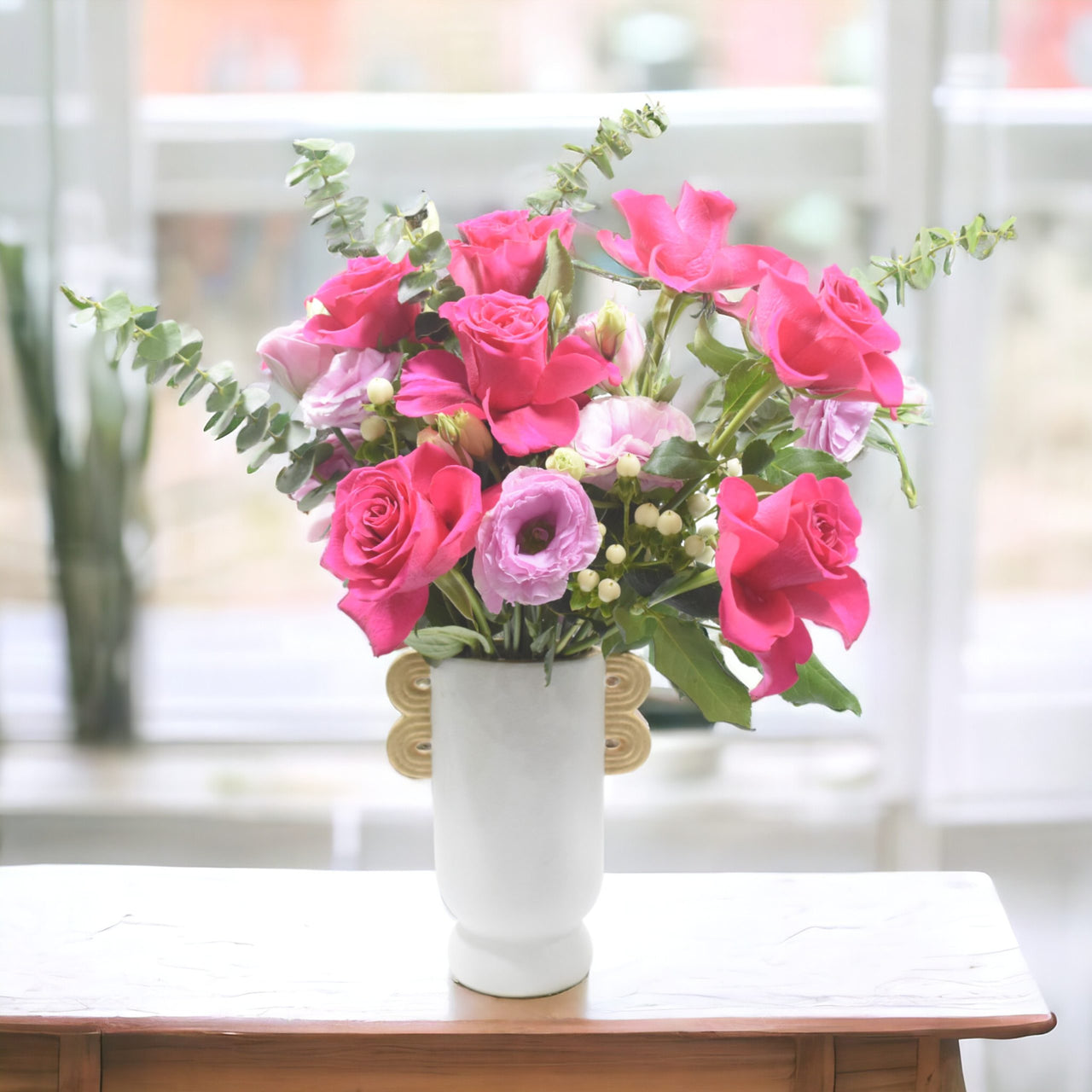 Hot Pink & Lisianthus Symphony, Hypericum, Eucalyptus, Ceramic Vase, Classic Floral Elegance