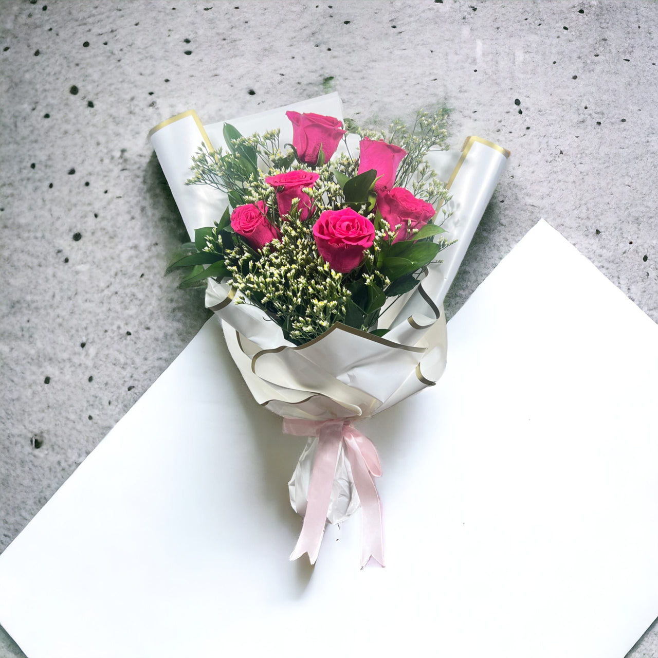 Hot Pink Rose Delight, Hot Pink Roses, Limonium, Ruscus, White Wrapping