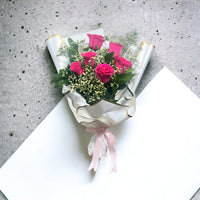 Hot Pink Rose Delight, Hot Pink Roses, Limonium, Ruscus, White Wrapping
