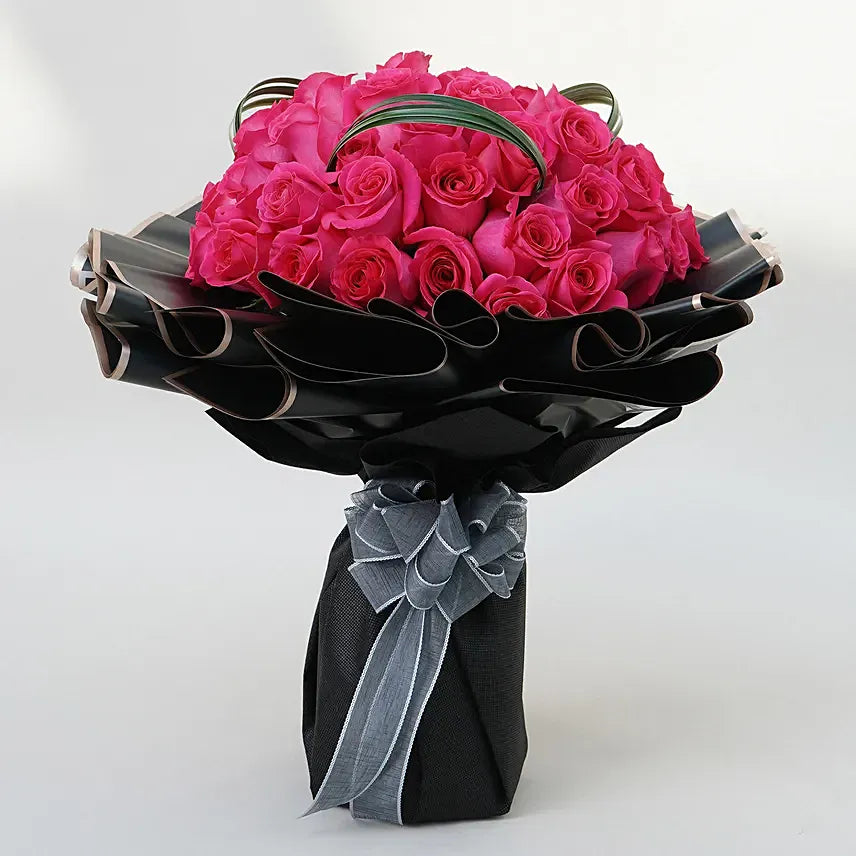 Dark Pink Elegance, 50 Roses, Green Snake Grass, Beautifully Wrapped, Ribbon