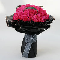 Dark Pink Elegance, 50 Roses, Green Snake Grass, Beautifully Wrapped, Ribbon