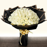 Elegance in Abundance, 50 White Beauty Roses, White Roses, Black Wrapping, Golden Ribbon, Symbolism of White Roses