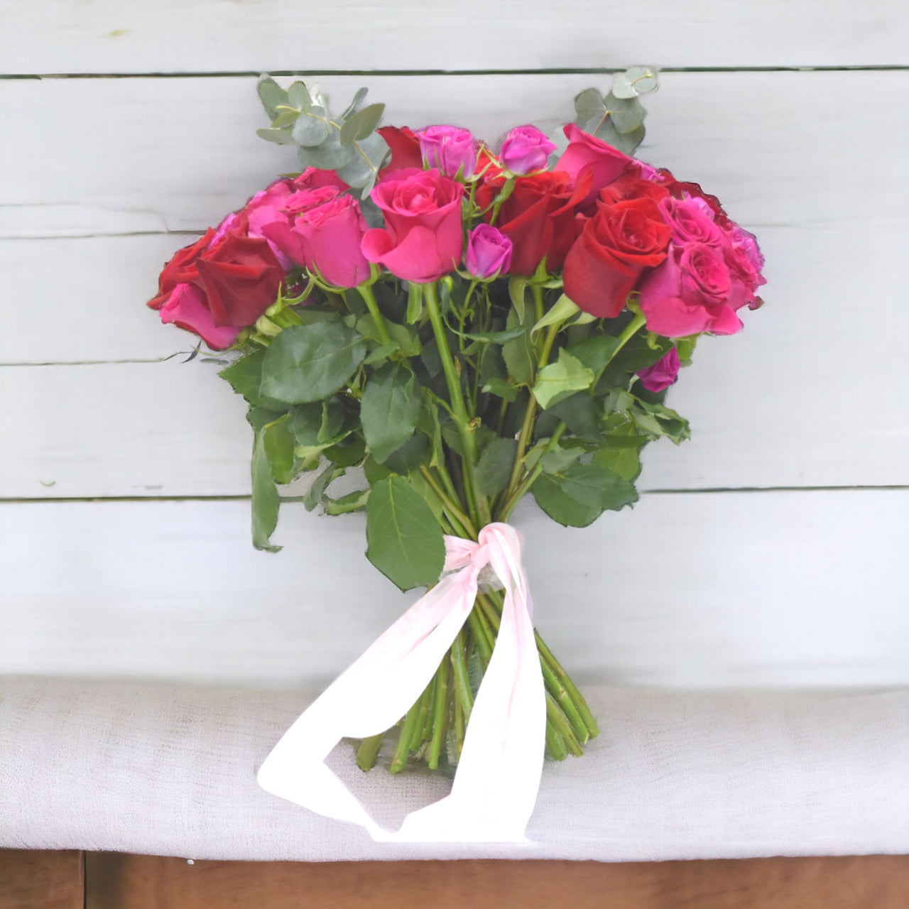 Burst of Color, Red and Pink Roses, Hand-Tied, Eucalyptus, Classic Floral Arrangement
