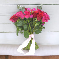 Burst of Color, Red and Pink Roses, Hand-Tied, Eucalyptus, Classic Floral Arrangement