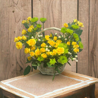 Sunny Basket, Classic Basket Arrangement, Yellow Roses, Green Chrysanthemums, Hypericum
