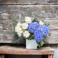 Ohara Roses, Blue Hydrangea, Ceramic Tranquility, Classic Vase Arrangement, Eucalyptus
