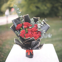 Red Rose Bouquet, Black Wrapping, Red Ribbon, Eucalyptus, Classic Freestyle