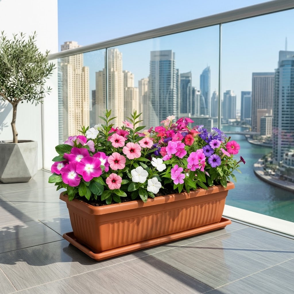 Vinca & Petunia Mix 5-12cm - Seasonal Flowering Plants in Exotica Planter | Catharanthus & Petunia Flowers for UAE Homes