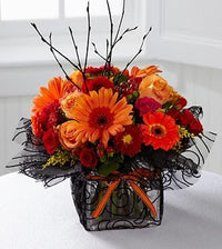 Halloween Vibrant Gerbera & Orange Rose Square Vase Arrangement