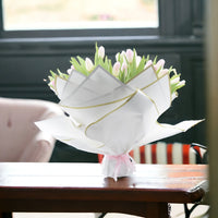 Pink Promise, 30 Tulips, White Wrapping, Pink Ribbon,Buy Pink Promise Online