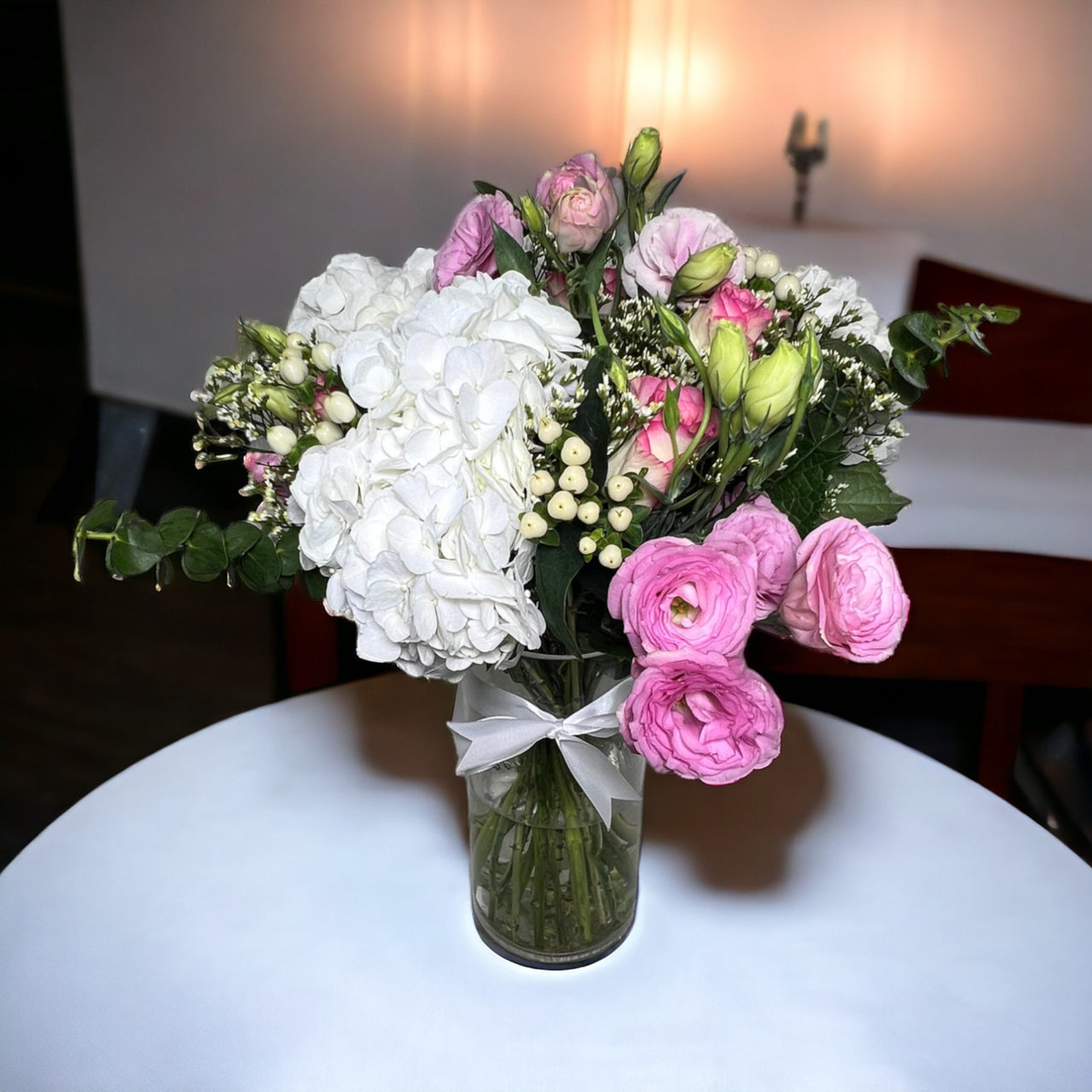 Elegant Revival Radiance Bouquet, Sweet Revival, Hydrangea, Lisianthus, Hypericum, Cylinder Vase, Ribbon