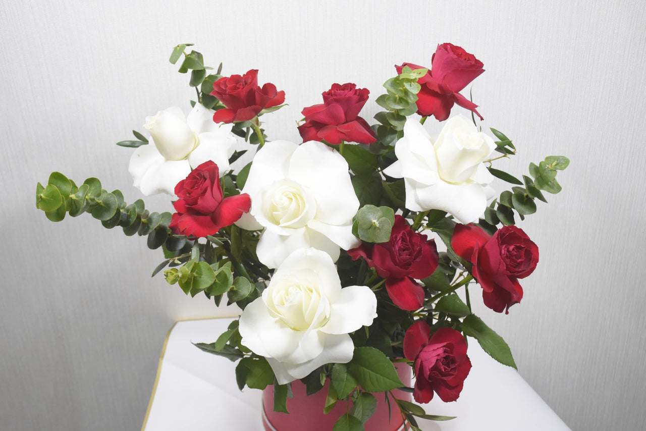 Chic Red & White Roses Box Arrangement