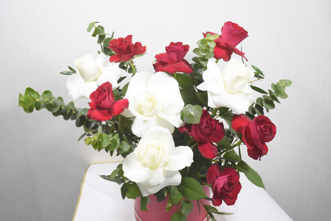 Chic Red & White Roses Box Arrangement