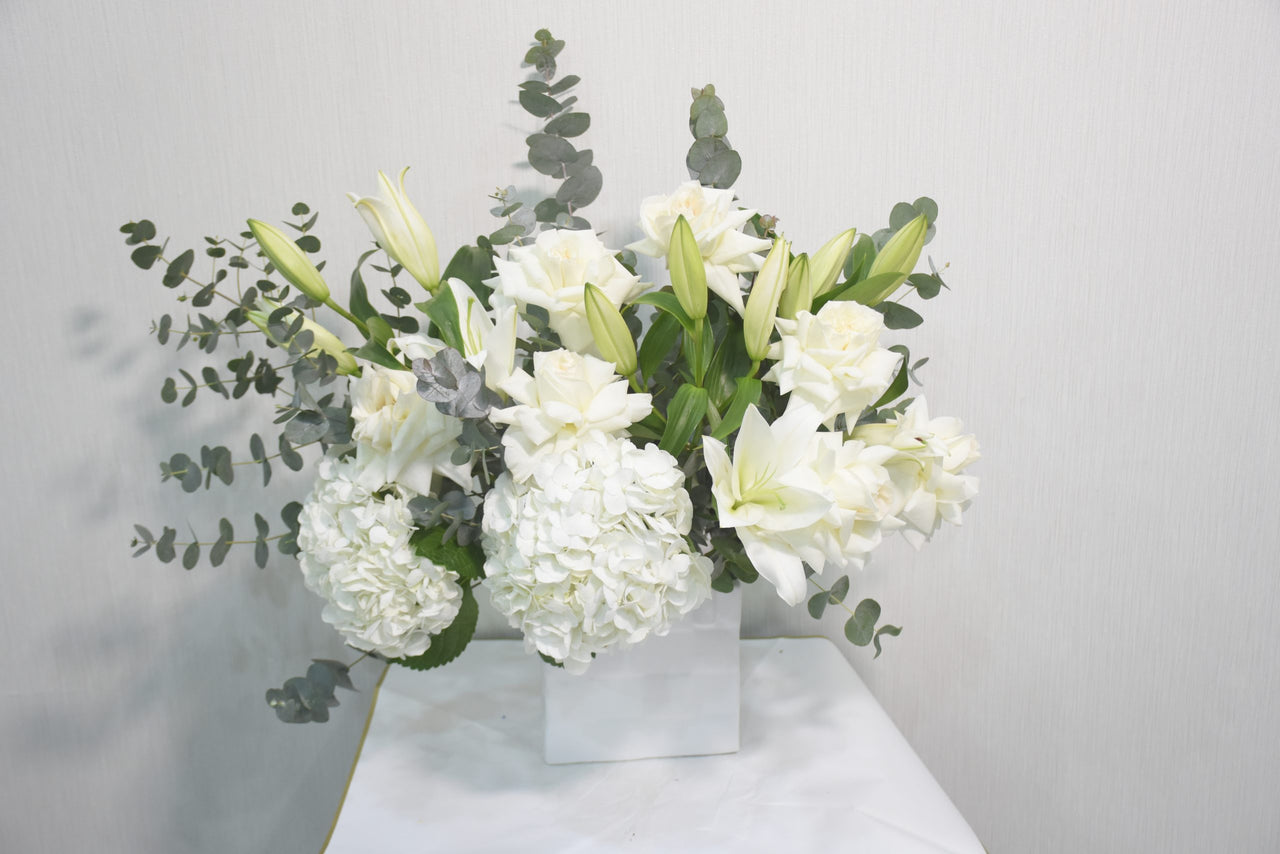 Ohara Roses White Hydrangea Lilies Ceramic Vase Arrangement, Ethereal Elegance, Ohara Roses, White Hydrangea, Lilies, Classic Vase
