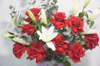 Red Roses, White Lilies, Eucalyptus Arrangement