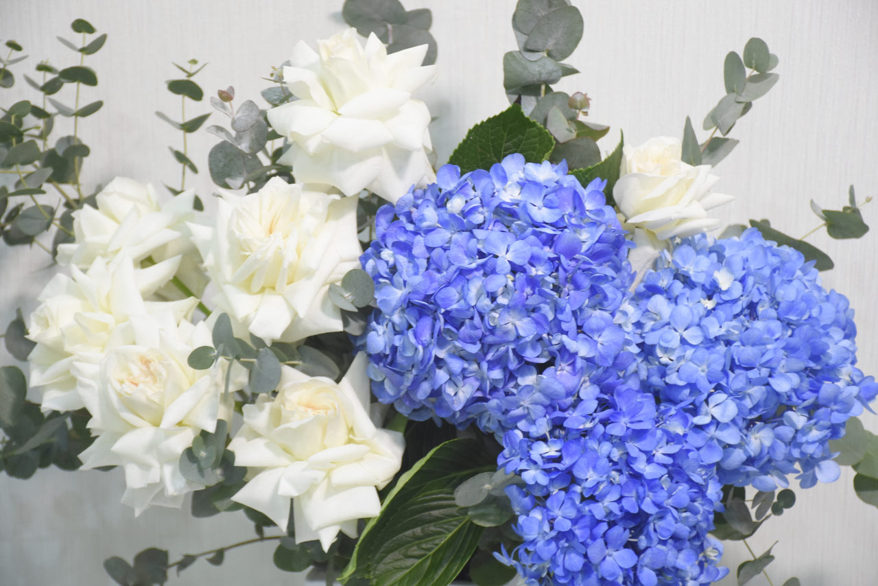 Ohara Roses and Blue Hydrangea in Vase