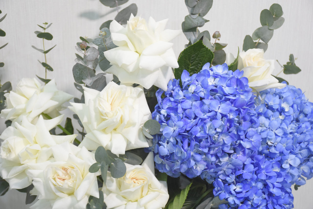 Ohara Roses and Blue Hydrangea in Vase