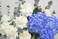 Ohara Roses and Blue Hydrangea in Vase