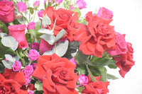 Red Roses and Pink Spray Roses in Ceramic Vase