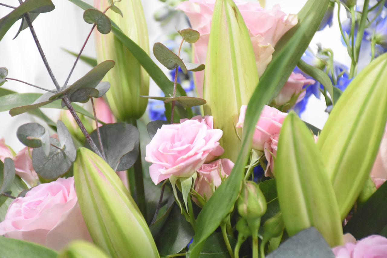 Lily Pink, Spray Rose and Delphinium Bouquet