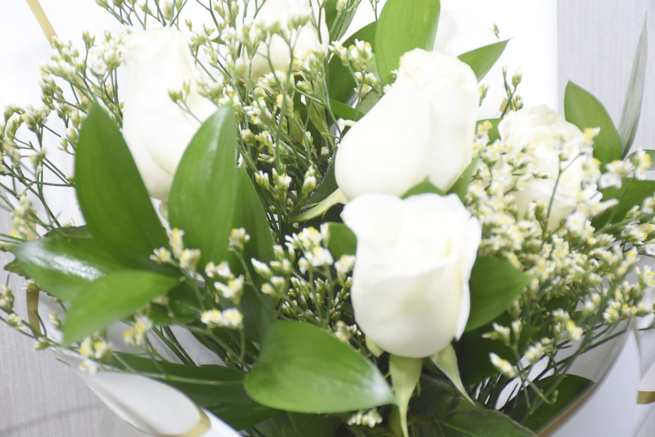 White Rose Bouquet with Limonium & Ruscus