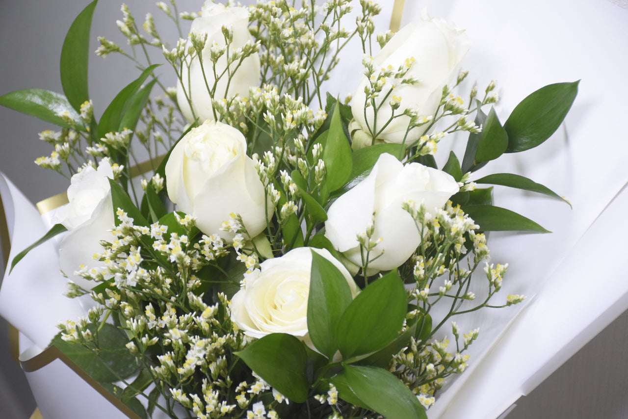 White Rose Bouquet with Limonium & Ruscus