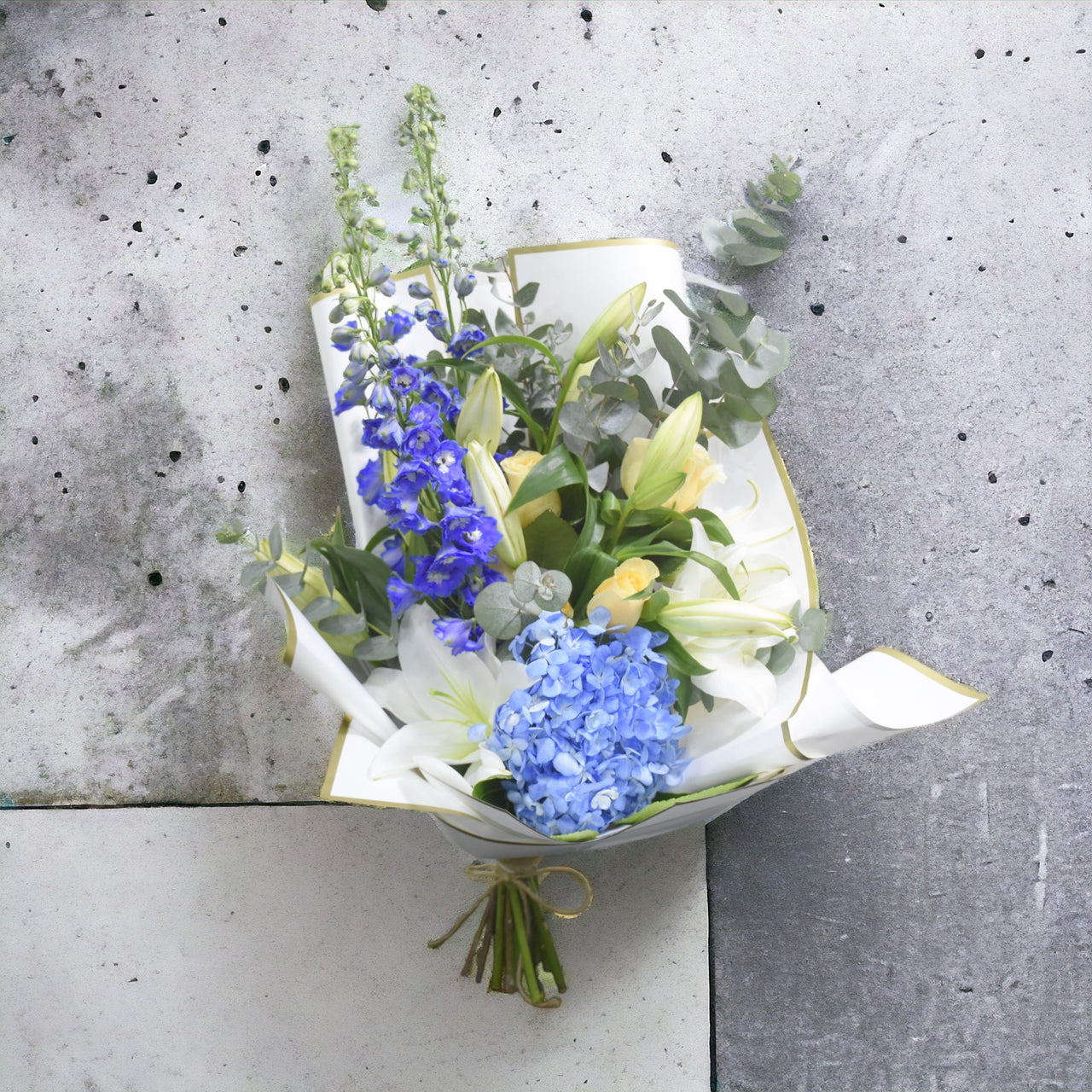 Fresh Garden Blooms Bouquet, Lily White, Hydrangea, Rose Creme, Eucalyptus, White Wrapping, Jute Tie