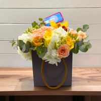 The Garden of Love Box Arrangement, Rose Creme, Hydrangea, Cymbidium, Spray Rose, Limonium, Eucalyptus, Basket Bag