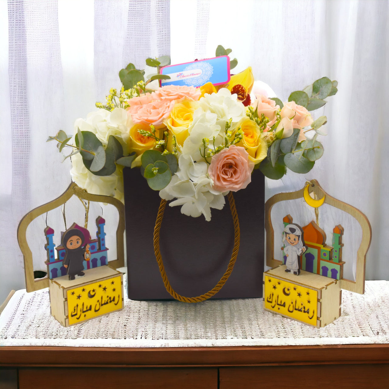 Garden of Love Ramadan Collection, Floral Box Arrangement, Rose Creme, Hydrangea, Cymbidium, Spray Rose, Limonium, Eucalyptus, Ramadan Gift, Basket Bag