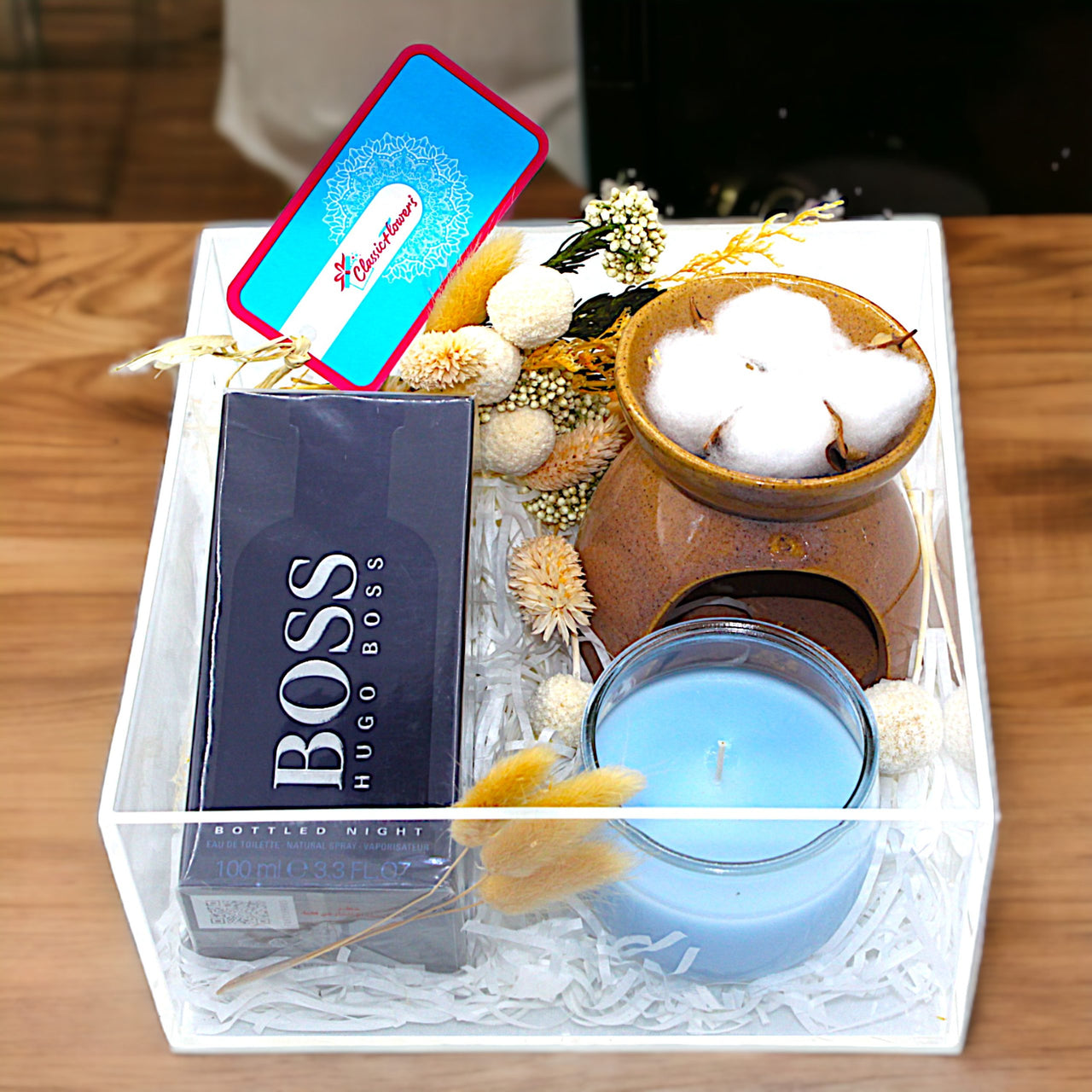 Hugo Boss Fragrance and Relaxation Set, Hugo Boss Cologne, Scented Candles, Oil Burner, Dried Flowers, Acrylic Box, Best Gift For Him