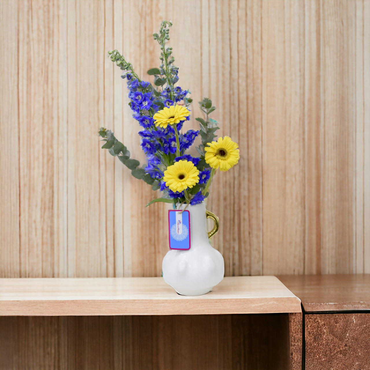 Versatile Delphinium and Gerbera Bouquet, Ceramic Vase Arrangement, Delphinium, Gerbera, Eucalyptus