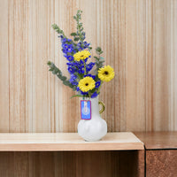 Versatile Delphinium and Gerbera Bouquet, Ceramic Vase Arrangement, Delphinium, Gerbera, Eucalyptus