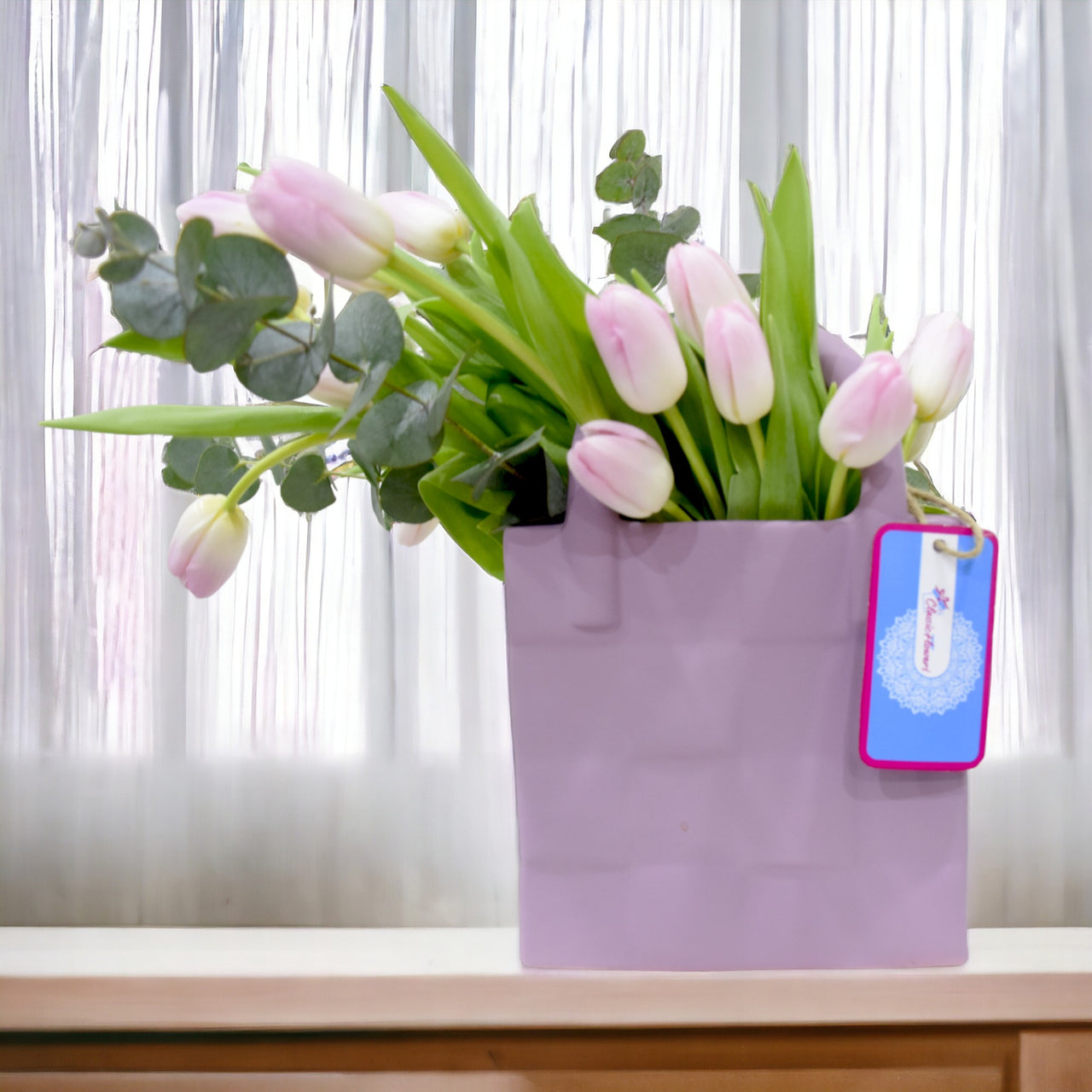 All Occasion Tulip Vase Arrangement, Tulips, Eucalyptus, Ceramic Vase