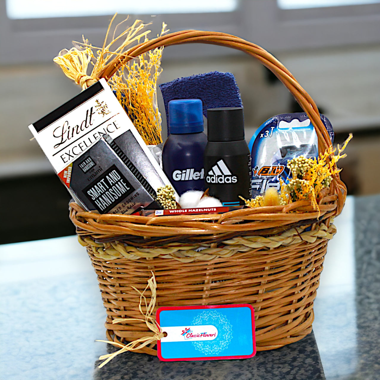 Grooming and Indulgence Basket, Adidas Deo Spray, Gillette Shave Foam, Lindt Chocolate, Wooden Basket